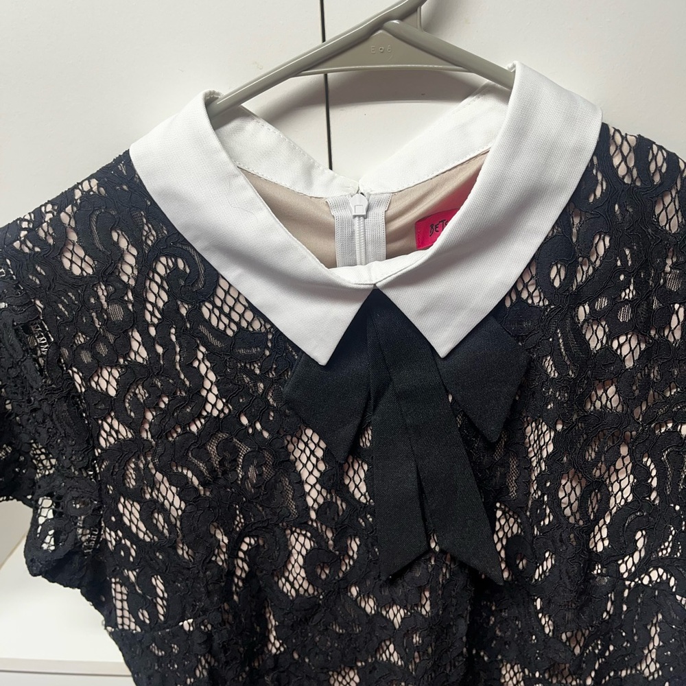Betsey Johnson Black Lace Mini Dress with White Collar - Picture 5 of 7